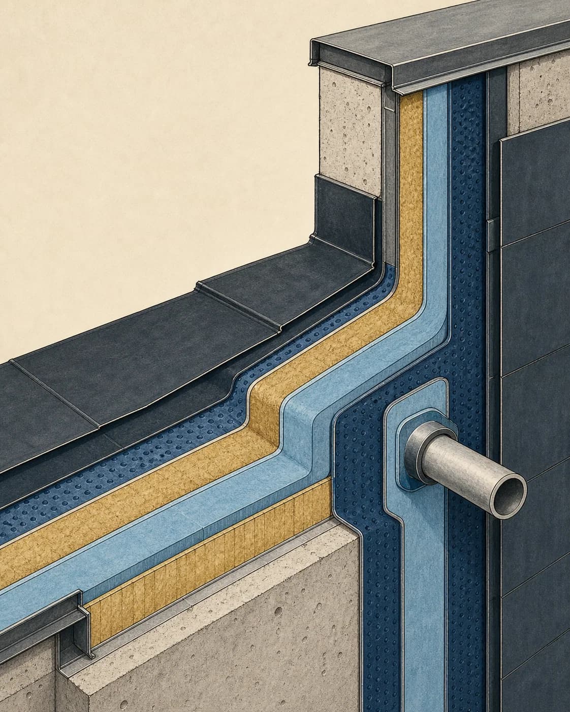 Continuous insulation, air, and water-control layers wrapping around a corner and service penetration