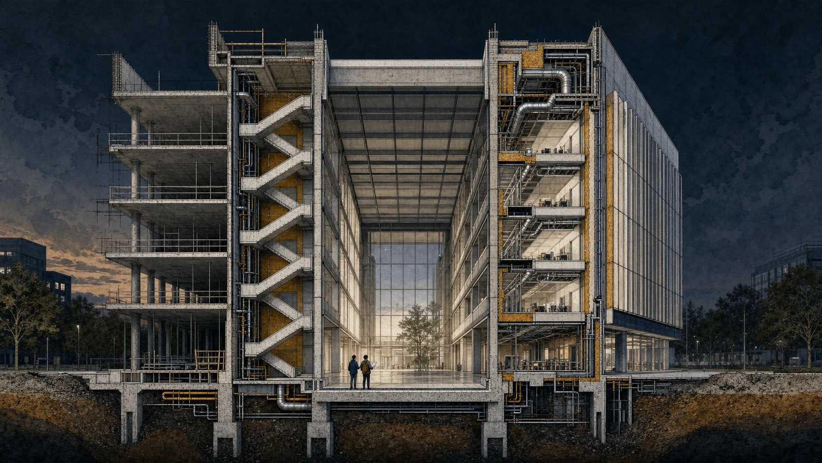 Illustrated cutaway of a contemporary building revealing its structure, services, facade layers, and foundations